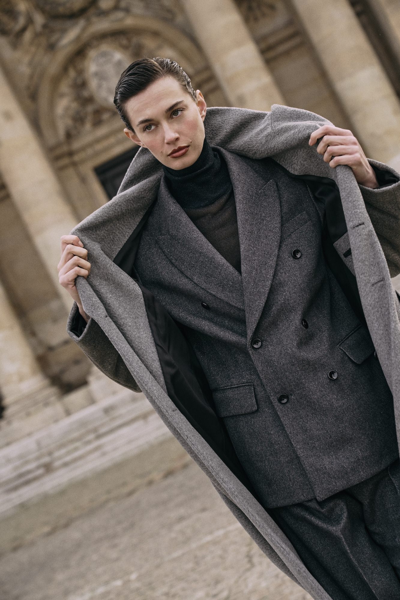 epine volume wool coat グレー Boiled Wool Coat, light gray melange | Ulla Popken